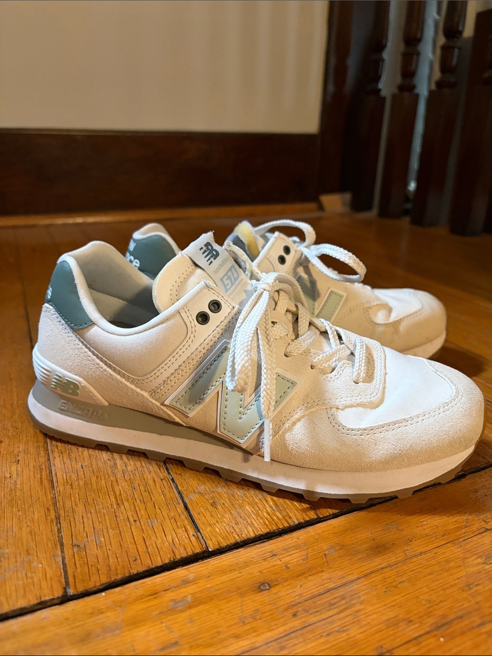 New Balance White and Mint Green Retro Athletic Sneakers